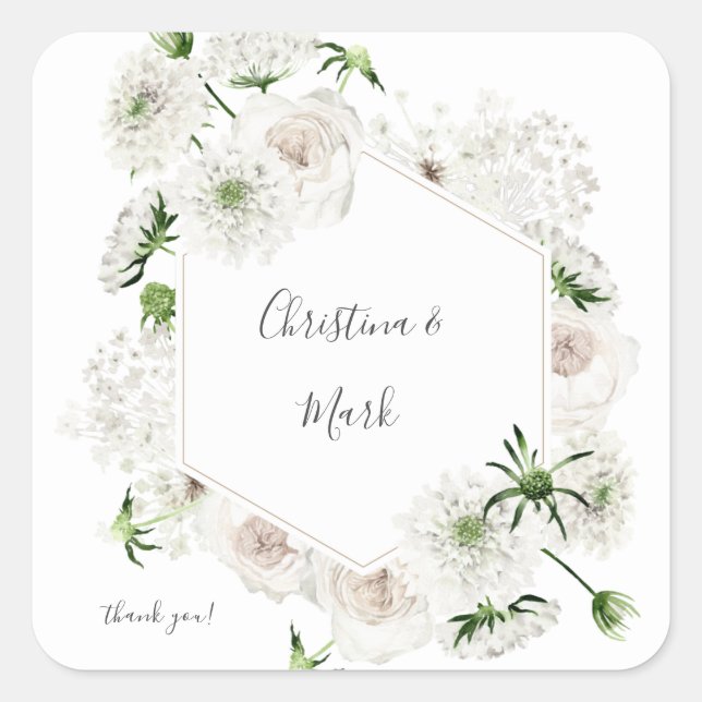 White Floral Thank You Square Sticker (Front)