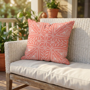 White Floral Tribal Art On Coral Red Orange Outdoor Pillow