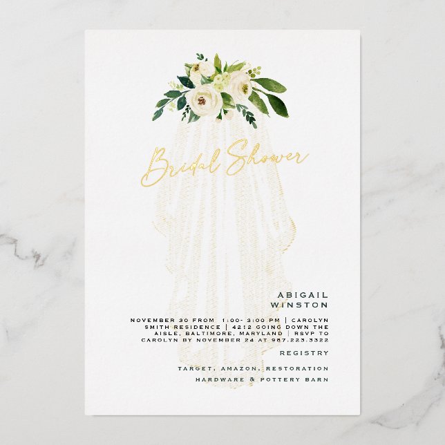 White floral Veil Gold Foil Bridal Shower (Front)
