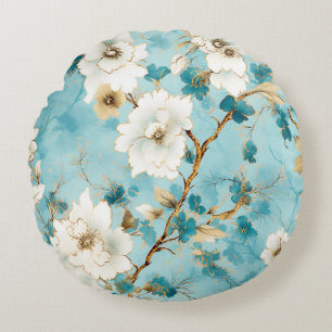 White Floral Vintage Watercolor, Blue Round Pillow