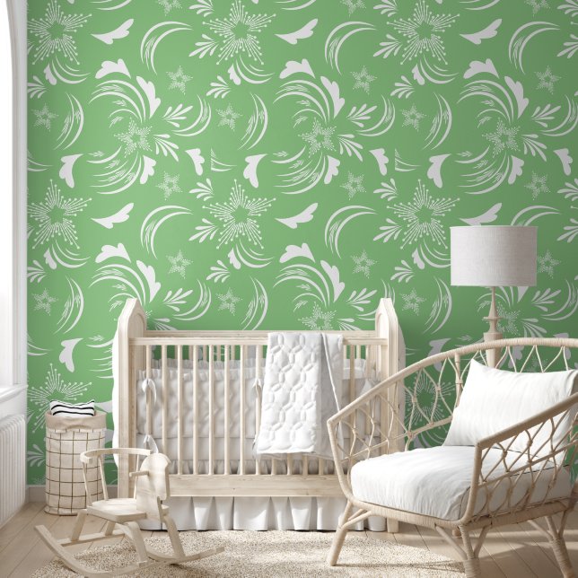 White Floral Wallpaper with Sage Background (Kids)