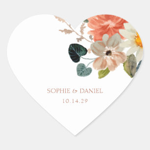 White Floral Watercolor Couple Wedding Heart Sticker