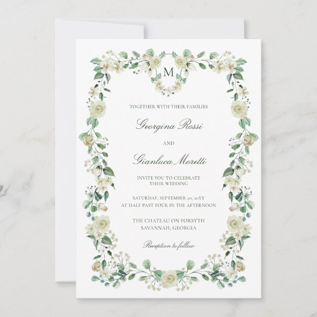 White Floral Watercolor Crest & Monogram Wedding Invitation (Front)
