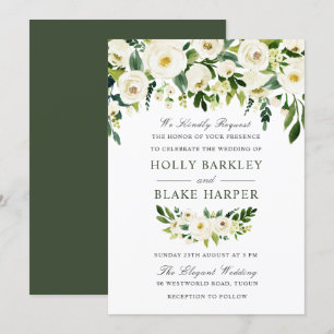 White Floral Watercolor Elegant Greenery Wedding Invitation