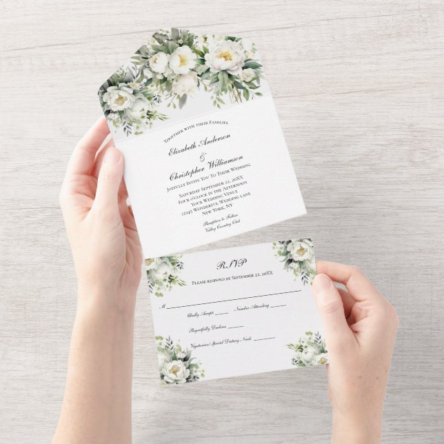 White Floral Wedding All In One Invitation (Tearaway)