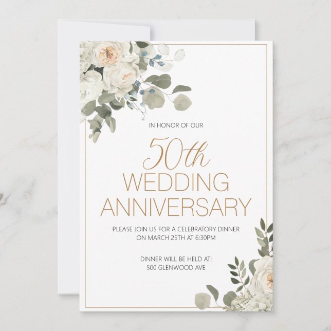 White Floral Wedding Anniversary Invitation  (Front)