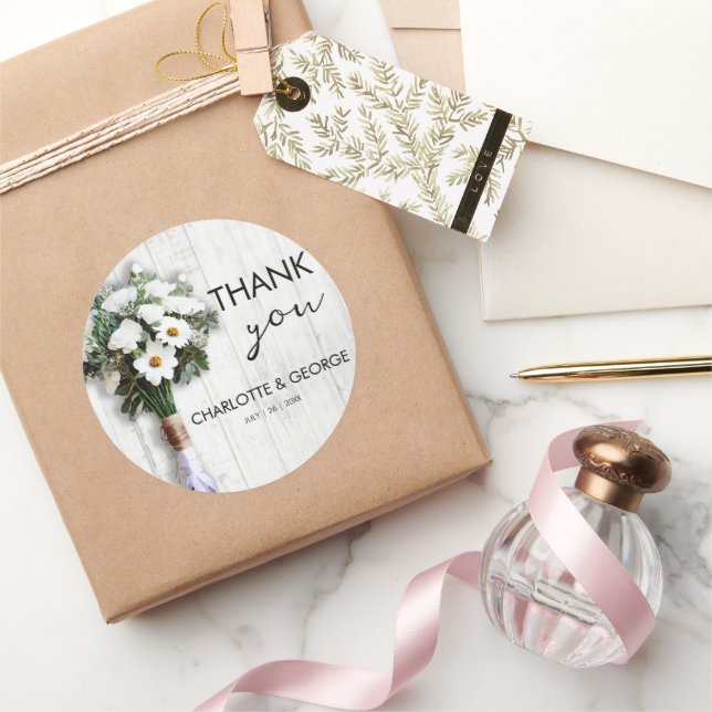 White floral wedding bouquet favours classic round sticker (Gifting)