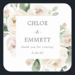 White Floral Wedding Cake Box Favour Sticker<br><div class="desc">Elegant white rose floral and sage green eucalyptus greenery square floral frame surrounds the bride and groom names,  a thank you sentiment and their wedding date.</div>