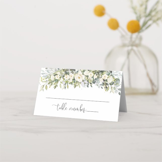 White Floral Wedding Folded Place Card (Front)