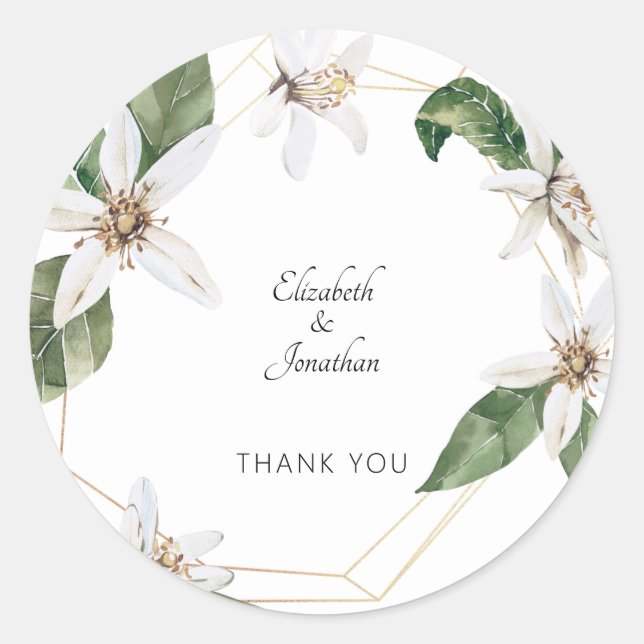  White Floral Wedding Names Thank You Classic Round Sticker (Front)