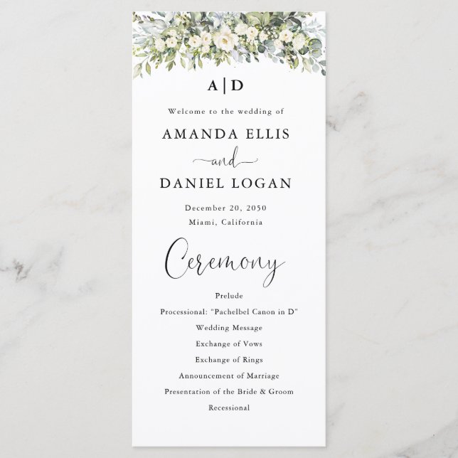 White Floral Wedding Program (Front)
