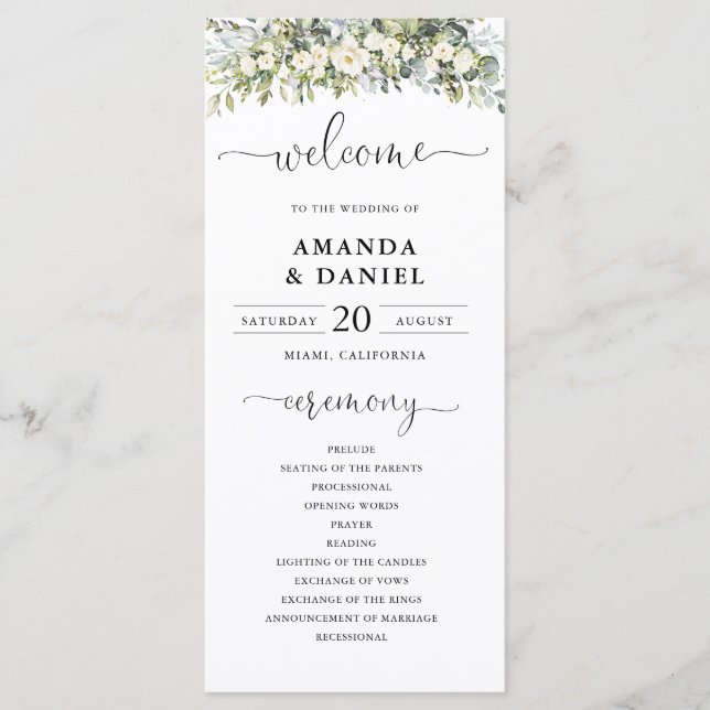 White Floral Wedding Program (Front)