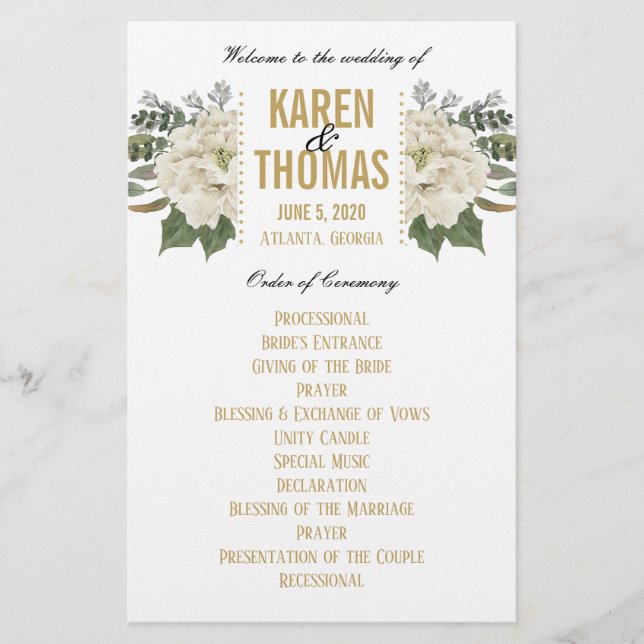 White Floral Wedding Program (Front)