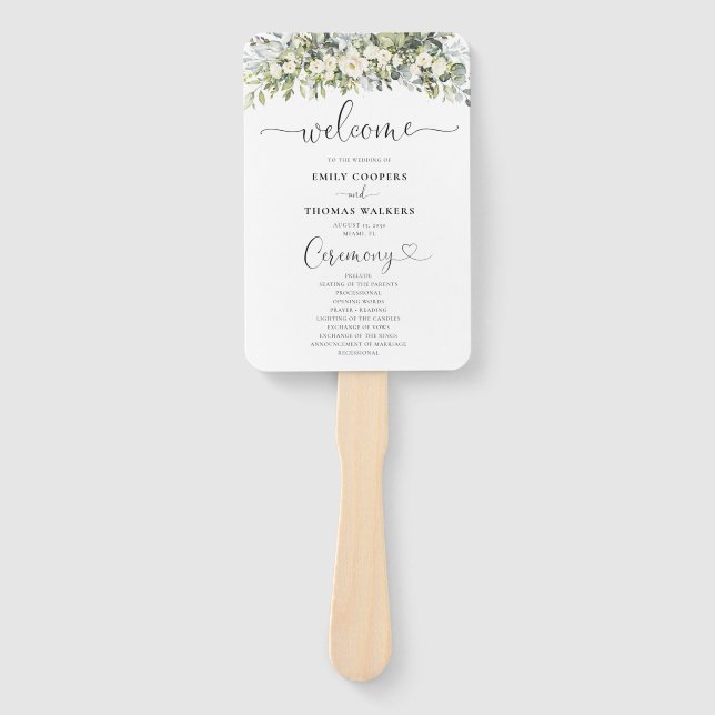 White Floral Wedding Program Hand Fan (Front)