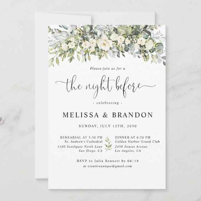 White Floral Wedding The Night Before  Invitation (Front)