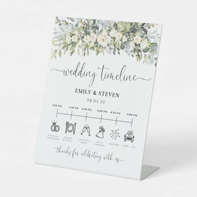 White Floral Wedding Timeline Sign (Front)