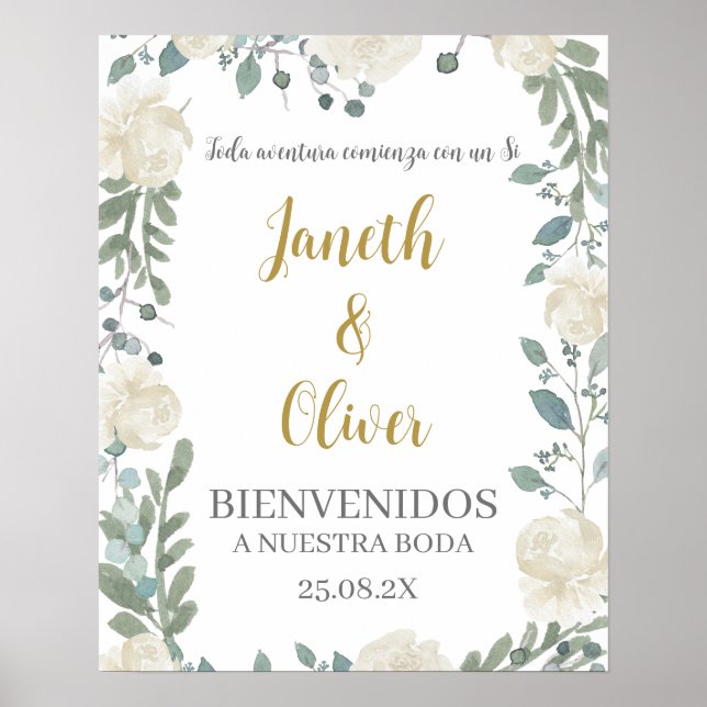White floral wedding welcome sign in spanish (Front)