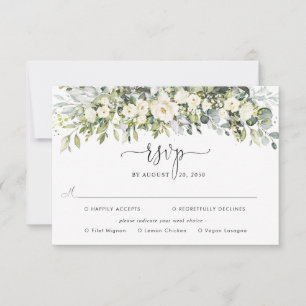 White Floral Wedding With Meal Choice RSVP Card