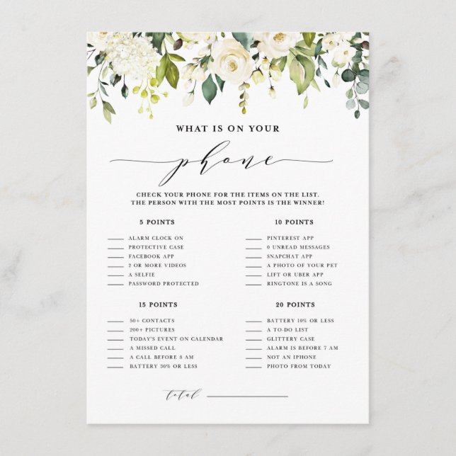 White Floral What's on Your Phone Bridal Shower Enclosure Card (Front)