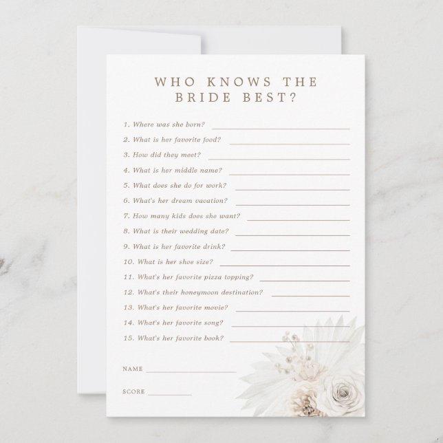 White Floral Who Knows The Bride Best Game Card (Front)