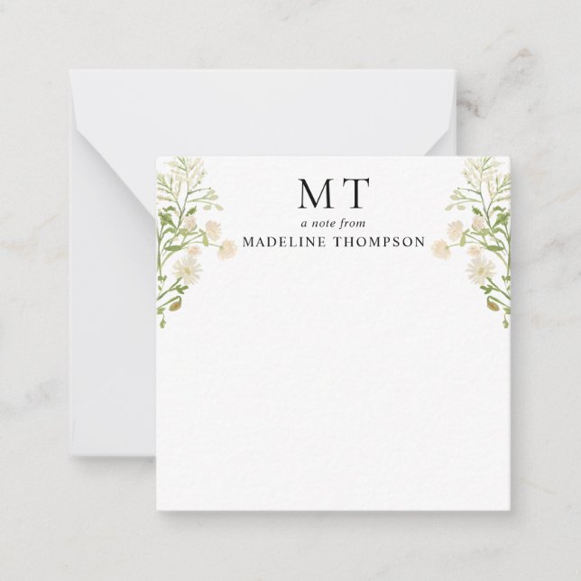 White Floral Wildflower Classic Monogram Square Card (Front)