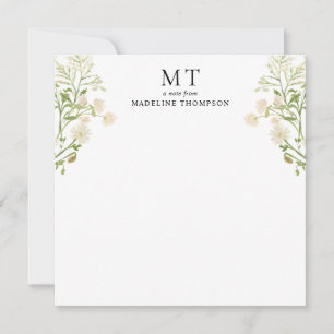 White Floral Wildflower Classic Monogram Square Card