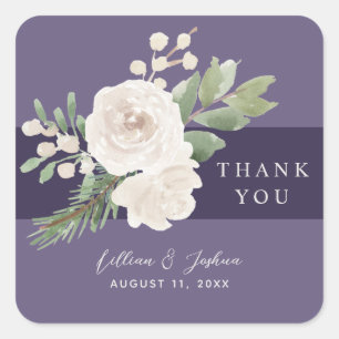 White Floral Winter Greenery Wedding Thank You Square Sticker