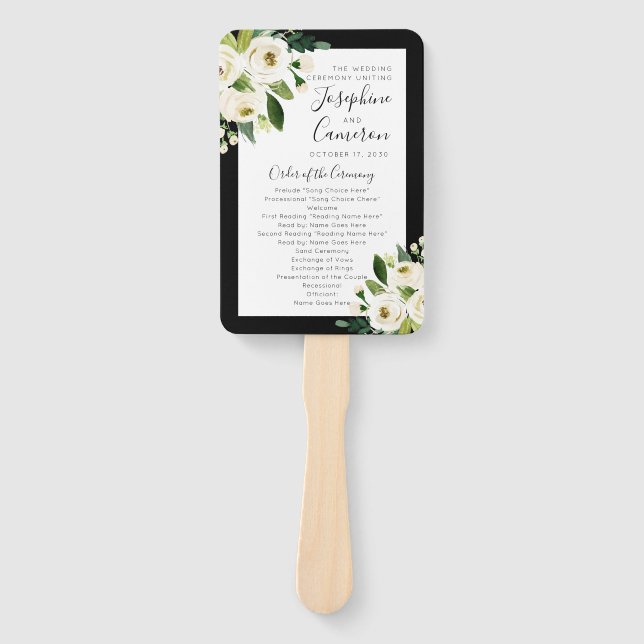 White Floral with Black Wedding Ceremony Program Hand Fan (Front)