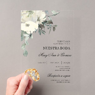 White Floral with gold ring Spanish Wedding Acrylic Invitations