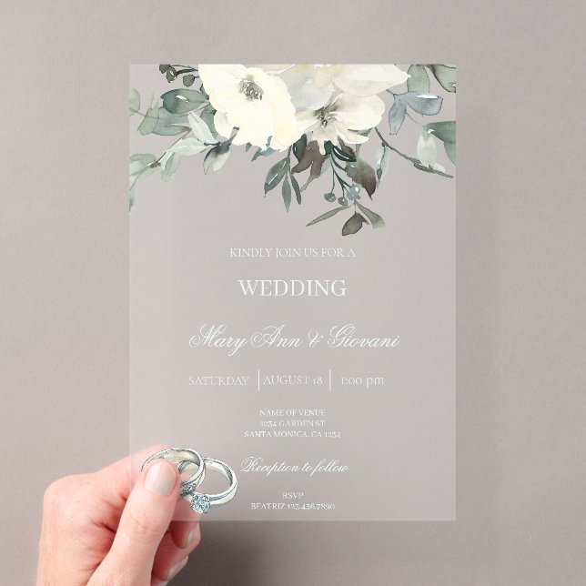 White Floral with gold ring Wedding Acrylic Invita Acrylic Invitations (Insitu (Handheld))