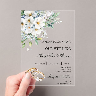 White Floral with gold ring Wedding Acrylic Invitations