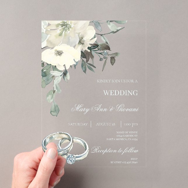 White Floral with gold ring Wedding Acrylic Invitations (Insitu (Handheld))