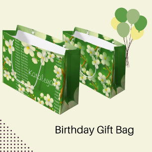 White Floral with green background birthday Large Gift Bag