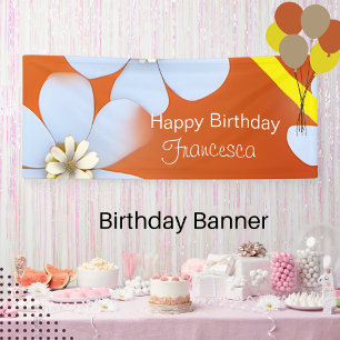 White Floral with orange background birthday    Banner