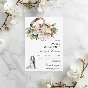 White Floral with ring Portuguese Wedding Invitation