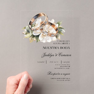 White Floral with ring Spanish Wedding acrylic Acrylic Invitations