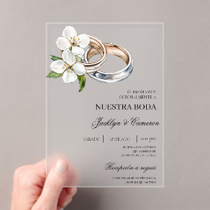 White Floral with ring Spanish Wedding Acrylic Invitations