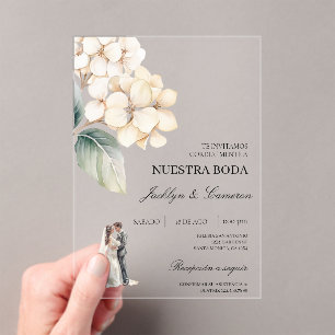 White Floral with ring Spanish Wedding Acrylic Invitations