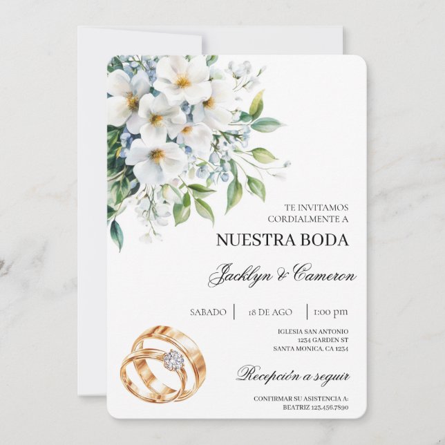 White Floral with ring Spanish Wedding Invitation (Front)