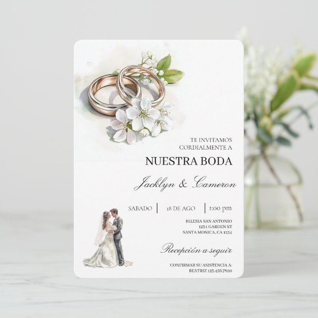 White Floral with ring Spanish Wedding Invitation (Standing Front)