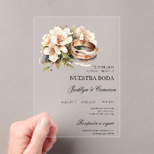 White Floral with ring Spanish Wedding Invitation