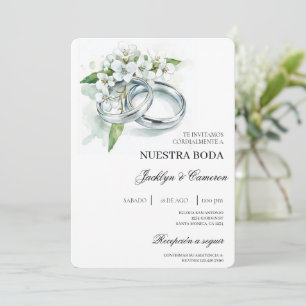 White Floral with ring Spanish Wedding Invitation