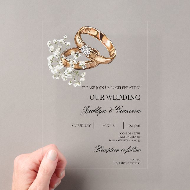 White Floral with ring Wedding Acrylic Invitations (Insitu (Handheld))