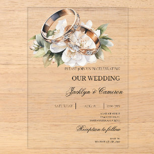 White Floral with ring Wedding Acrylic Invitations