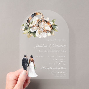 White Floral with ring Wedding Acrylic Invitations