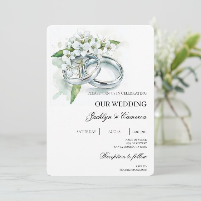 White Floral with ring Wedding Invitation (Standing Front)