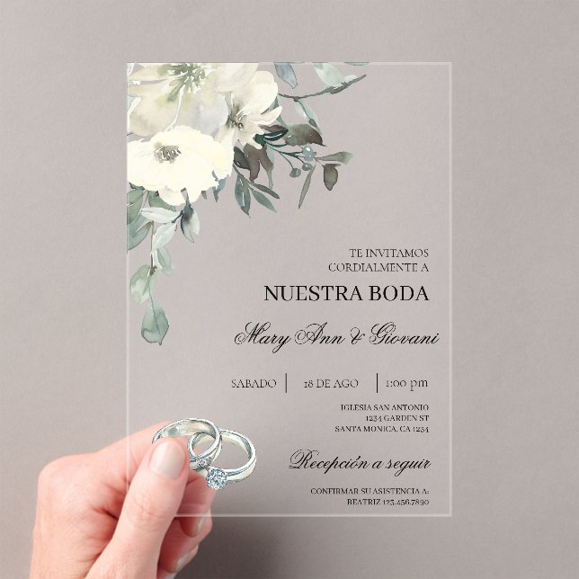 White Floral with silver ring Spanish Wedding Acrylic Invitations (Insitu (Handheld))