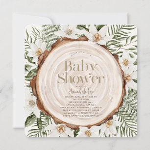 White Floral Wood Stump Baby Shower Invitation