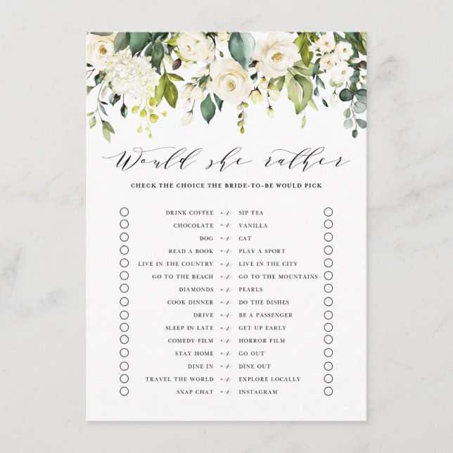 White Floral Would She Rather Bridal Shower Game Enclosure Card (Front)