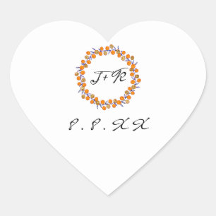 White Floral Wreath Blue Orange Gold Monogram Heart Sticker